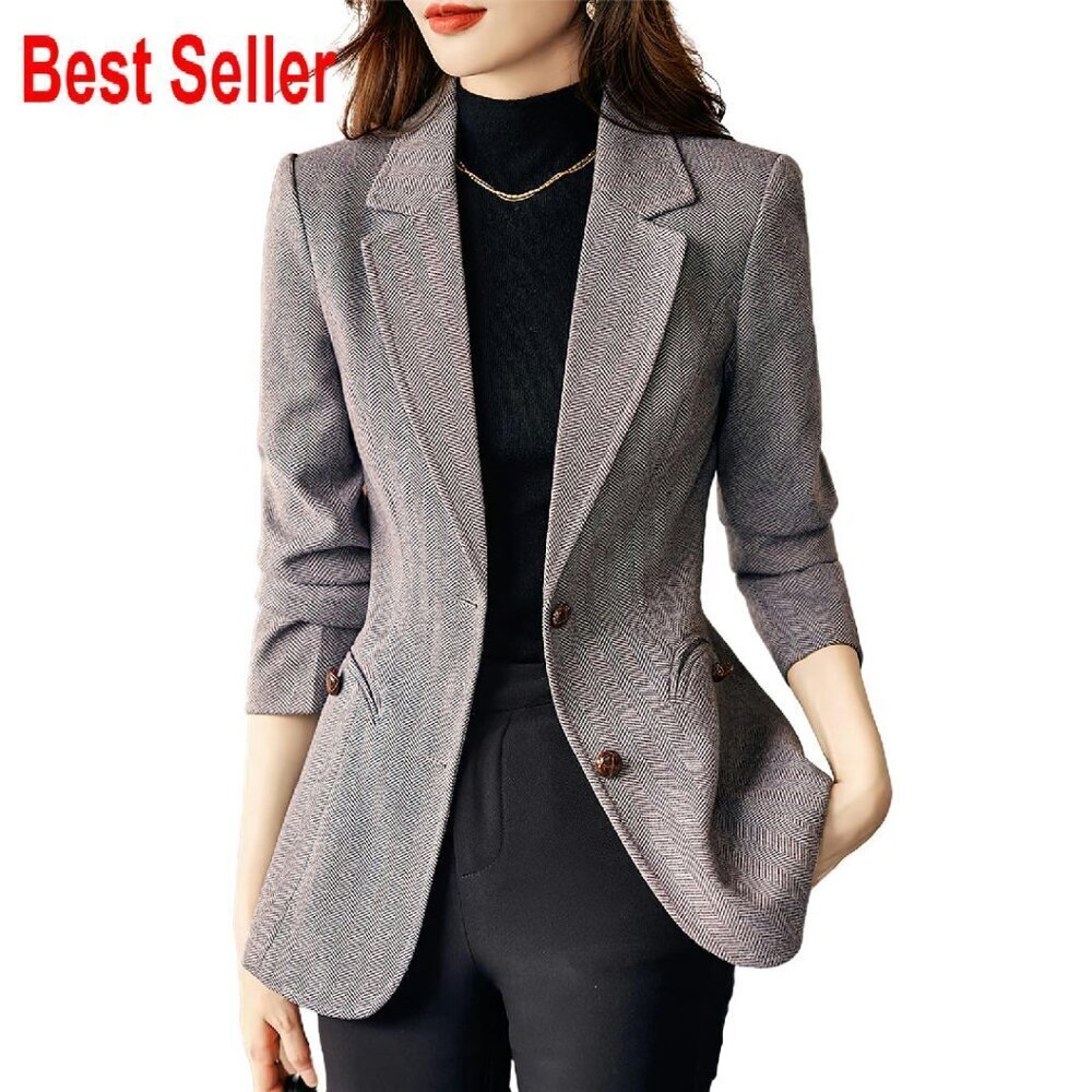 Notched Lapel Plaid Herringbone Blazer Slim Fit Wool Blend Classic Chic
